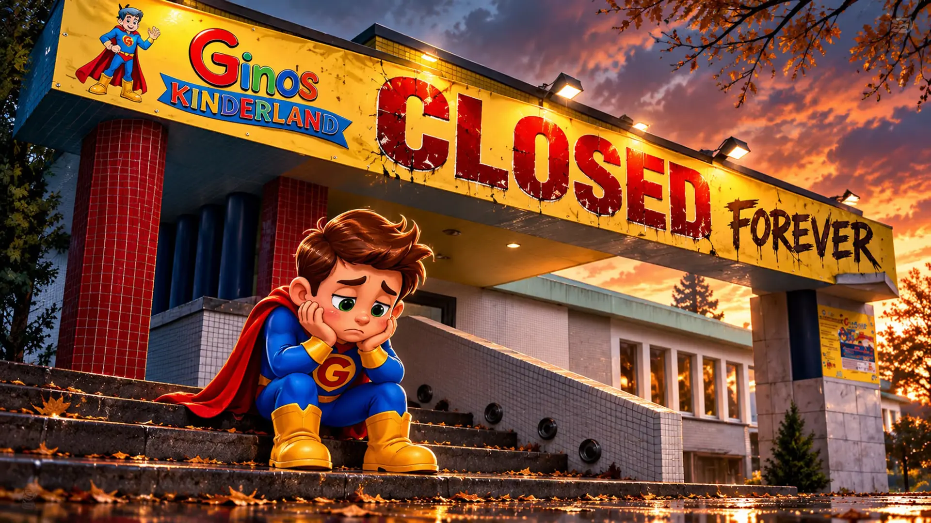 Ein trauriger kleiner Superheld sitzt auf den Stufen vor dem Ginoland. Auf dem gelben Schild über dem Eingang steht „Closed Forever“.